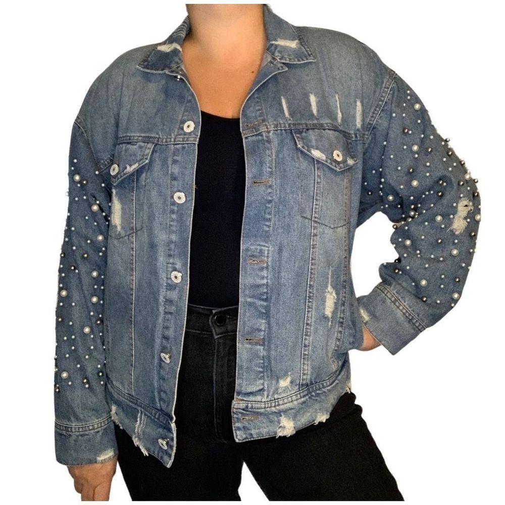 Elan Distressed Blue Denim Jacket with Pearl Embellishments - Picture 2 of 14